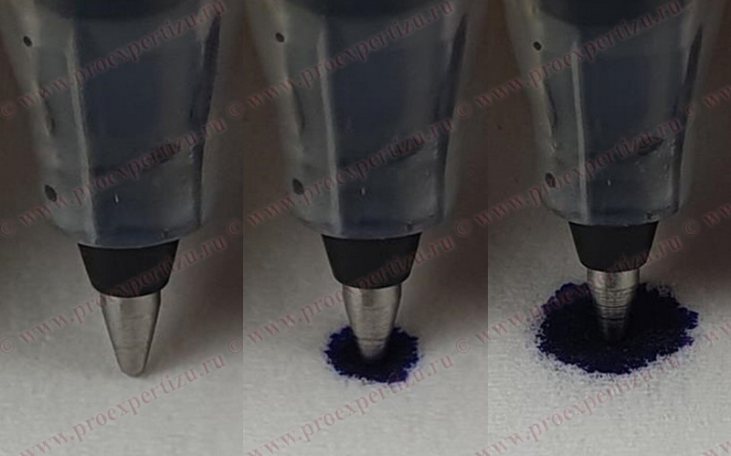 Растекание чернил по волокнам бумаги при контакте пишущего узла ручки-роллера с бумагой 